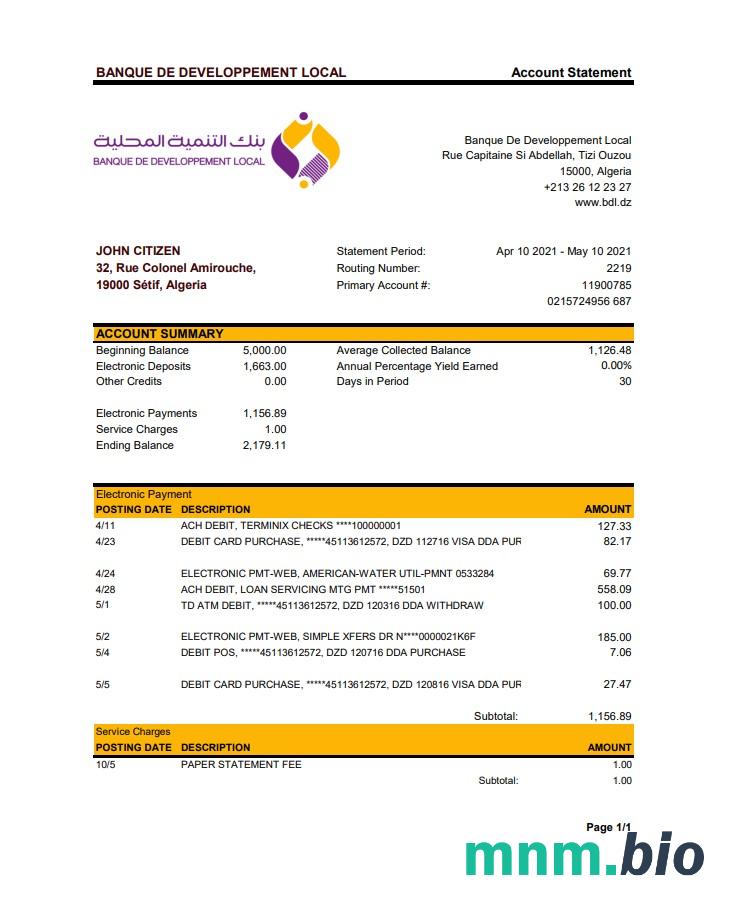 Albania Tirana wzór wyciągu bankowego w formacie Word i PDF